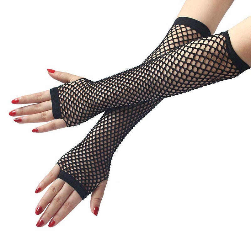 Seeksmile Women's Girls 80's Theme Party Emo Fingerless Arm Fishnet Gloves (Black) - Image 1